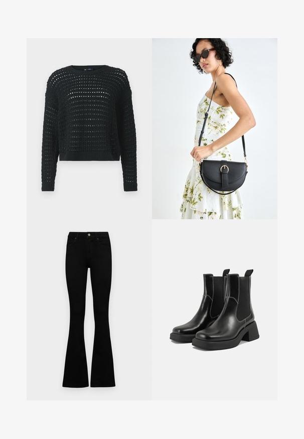 Pull en maille noir avec design en tricot ajouré, manches longues et col côtelé. Présente une coupe cropped et des détails texturés sur l'ensemble.; Jean noir taille haute avec fermeture à bouton et à zip, poches avant et jambes évasées, posés à plat sur un fond blanc.; Bottes Chelsea en cuir noir avec un talon épais, des panneaux latéraux élastiques et des coutures blanches contrastantes. Fini texturé.; Sac à main en cuir noir avec une forme courbée, bandoulière amovible et des accessoires en or. Le sac est doté d'un rabat avec un détail de boucle.