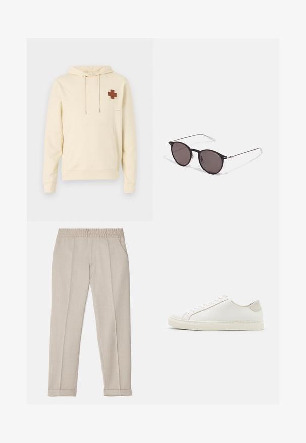 Felpa cappuccio beige con tasca frontale, dotata di un patch a croce marrone sul lato sinistro del petto e dettagli grigi sulla manica destra.; Filippa K TERRY CROPPED TROUSERS - Pantaloni - sage melange; Sneaker bianca in pelle con superficie liscia, punta rotonda e design minimalista. Presenta dettagli beige sul tallone e una suola in gomma.; Occhiali da sole neri rotondi con lenti scure e sottili bracci in metallo. Include punte trasparenti e accenti argentati alla cerniera. Design minimalista.