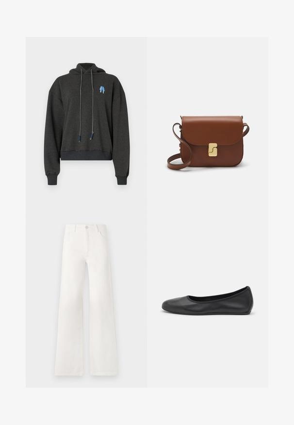 Tmavě šedá zkrácená mikina s kapucí vyrobená z měkké tkaniny, s modrou grafikou na hrudi, šnurováním s kontrastními akcenty a žebrovanými manžetami.; Bílá tričko s krátkým rukávem vyrobené z žebrované tkaniny. Kulatý výstřih, normální střih a jemné detaily šití. Bez vzorů nebo grafik.; Bílé džíny s vysokým pasem a širokými nohavicemi vyrobené z denimové látky. Mají zapínání na knoflík, dvě přední kapsy a boční švy se švy.; Černé kožené baletní byty s kulatou špičkou, hladkou texturou, minimálními švy a flexibilním designem podrážky.; Hnědá kožená kabelka s klopou, zlatými kovovými detaily, ramenním popruhem a hladkým povrchem. Kompaktní obdélníkový tvar.