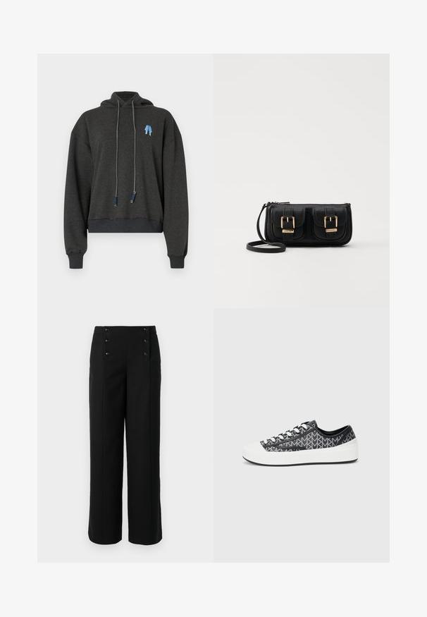 Sudadera corta de color gris oscuro, hecha de un tejido suave, con un gráfico azul en el pecho, cordones con acentos en contraste y puños acanalados.; Pantalones anchos negros hechos de una tela suave, con una cintura alta y cinco botones frontales para el cierre. Diseño elegante y a medida.; Zapatillas con patrón en negro y gris, con puntera y suela de goma blanca, cordones negros y diseño superior texturizado.; Bolso cruzado de cuero negro con dos bolsillos frontales, hebillas doradas, cierre de cremallera y una correa delgada. Superficie texturizada y forma rectangular compacta.