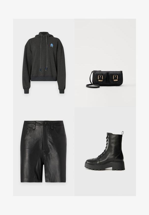 Tamno siva skraćena dukserica od mekog materijala, sa plavim grafičkim printom na prsima, podešavajućim uzicama s kontrastnim naglascima i rebrastim manžetama.; Crne kožne hlače kratkog kroja s glatkom teksturom, s prednjim zatvaračem, kopčanjem na gumb i klasičnim dizajnom s pet džepova.; Crne kožne gležnjače s okruglim vrhom, debelim gumiranim potplatom i metalnim rupicama. Imaju dizajn s vezanjem i petnu traku za lakše obuvanje.; Crna kožna torba preko ramena s dva prednja džepa, zlatnim kopčama, zatvaranjem na zip i uskim remenom. Teksturirana površina i kompaktan pravokutan oblik.