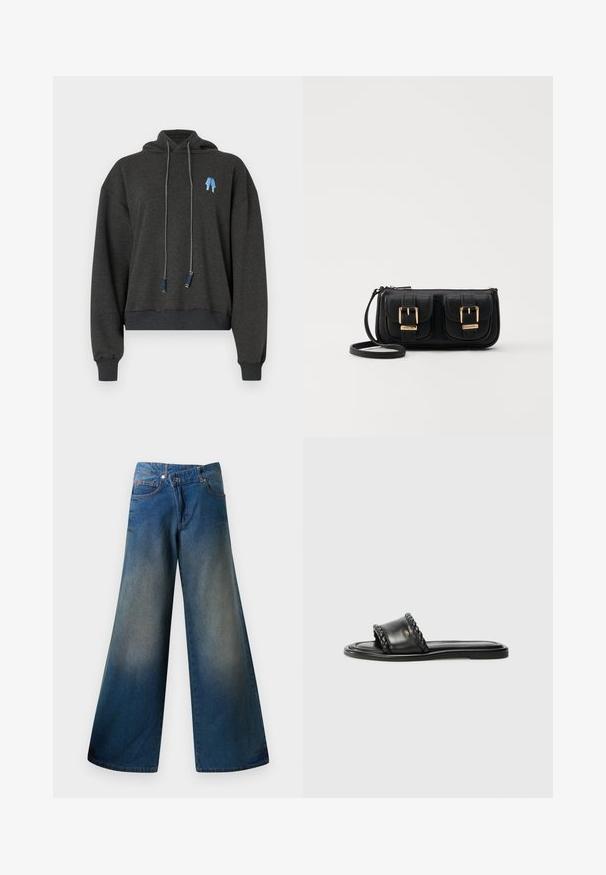 Ciemnoszary, krótkotaliowy hoodie wykonany z miękkiego materiału, z niebieską grafiką na klatce piersiowej, sznureczkami z kontrastowymi akcentami oraz prążkowanymi mankietami.; Niebieskie dżinsy o szerokich nogawkach, wykonane z denimu, z delikatnie wyblakłym wykończeniem, widocznym szwem, dwiema przednimi kieszeniami oraz zapięciem na guziki.; Czarna skórzana sandał z plecionym paskiem, płaską podeszwą i eleganckim wzornictwem. Gładka tekstura i minimalistyczny profil.; Czarna skórzana torba na ramię z dwoma przednimi kieszeniami, złotymi klamrami, zamkiem błyskawicznym i cienkim paskiem. Teksturowana powierzchnia i kompaktowy prostokątny kształt.
