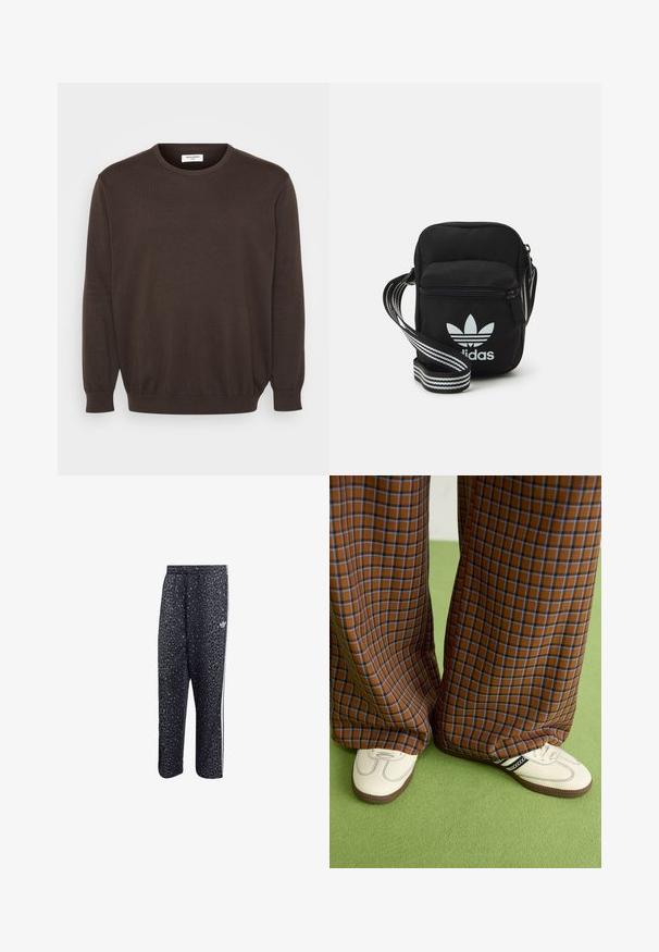 Brązowy dzianinowy sweter z okrągłym dekoltem, długimi rękawami oraz prążkowanymi mankietami i dołem. Gładka tekstura materiału, klasyczny design bez ozdób.; Czarne spodnie sportowe w leopardzi wzór z białym, trójpasmowym wzorem oraz logo marki sportowej z boku.; Brązowo-niebieskie spódnice w kratę o szerokich nogawkach zestawione z białymi butami z czarnymi akcentami i teksturowaną podeszwą, na tle zielonego tła.; Czarna torba crossbody wykonana z materiału, z zamknięciem na zamek błyskawiczny, z białym logo Adidas oraz regulowanym paskiem w paski, co ułatwia noszenie.