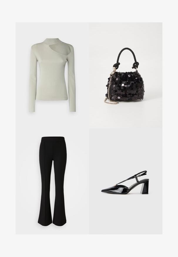 Gara piedurkne augstākajā pelēkā ribotā audumā, ar augstu kakla izgriezumu un asimetrisku izgriezumu kreisajā plecā. Gluda tekstūra.; Melni izplešami bikses, izgatavotas no elastīga materiāla ar gludu tekstūru, ar šuvju detaļām priekšpusē, lai pievienotu dizaina elementus.; Melnas lakotas ādas sandalējas augstpapēžu kurpes ar smailu purngalu, regulējamu siksniņu un masīlu taisnstūrveida papēdi.; Melna spīguļota mini rokas soma ar mezglotu teksturētu siksniņu un sudraba ķēdi. Apaļa forma ar sakopotām malām un atstarojumu detaļām.