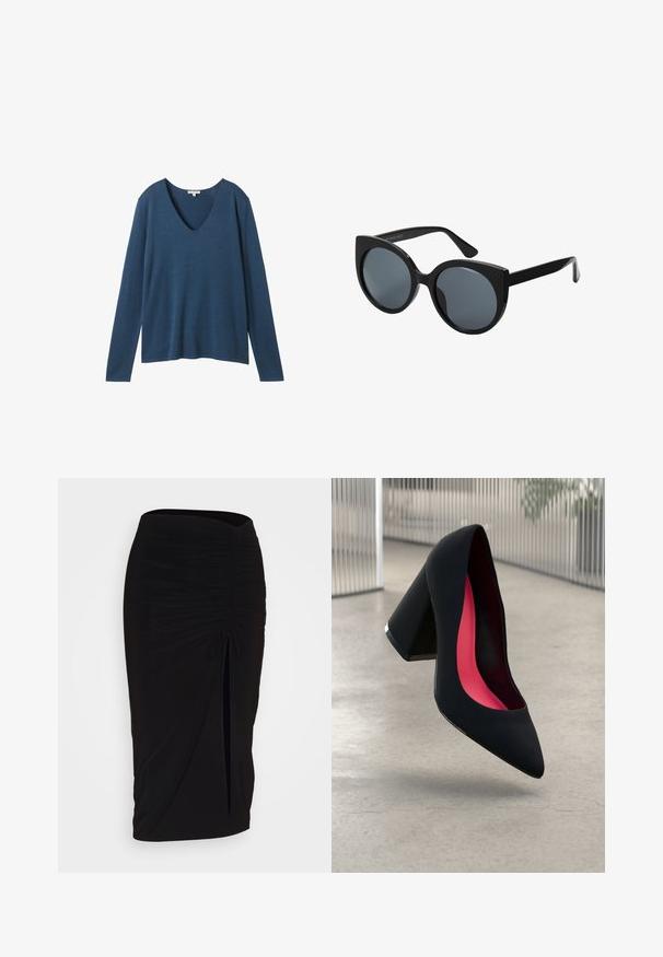 Hosszú ujjú, mély V-nyakú pulóver sötétkék színben, puha, sima anyagból, laza szabással és finom varrási részletekkel.; Fekete, ráncolt ceruzaszoknya kötött részlettel és oldalsó hasítékkal. Rugalmas anyagból készült, sima textúrával és testhez álló kialakítással.; Fekete magassarkú cipő hegyes orral, textúrált felülettel és élénk rózsaszín béléssel. Vastag sarokkal rendelkezik, ezüst kiegészítővel.; Fekete, nagy méretű macskaszem alakú napszemüveg, sötét szűrt lencsékkel és fényes műanyag kerettel. Vastag szárakkal rendelkezik a megfelelő tartás érdekében.