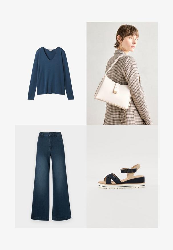 Långärmad tröja med djup V-hals i mörkblått, tillverkad av ett mjukt och slätt material med en avslappnad passform och subtila sömdetaljer.; Mörkblå högmidjade vida denimjeans med framfickor och bältesöglor på en vit bakgrund.; Marinblå sandal med två tygremmar, justerbar ankelrem och texturerad beige baksida. Tjock, vit, scalloped sula. Märket tryckt på remmen.; Vit läderhandväska med en strukturerad design, med en magnetknäppning och en axelrem, visad mot en neutral bakgrund.