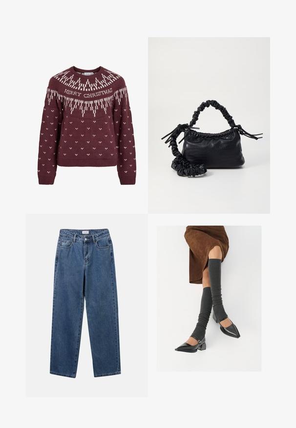 Maglione color bordeaux con scollo rotondo, caratterizzato da testo bianco "MERRY CHRISTMAS" e motivo a fiocco di neve lavorato a maglia sul giogo e sul corpo.; Jeans in denim blu classico con design a gamba dritta, cinque tasche e chiusura con bottone. Presentano un lavaggio medio e una trama robusta.; Scarpe nere in pelle verniciata con punta affilata, tacco a blocco e cinturino alla caviglia, abbinate a scaldamuscoli grigi a coste e una gonna in suede marrone.; Borsa a tracolla in ecopelle nera con texture a coccodrillo, apertura cinchata e tracolla arricciata. Si presenta con un design morbido e compatto.
