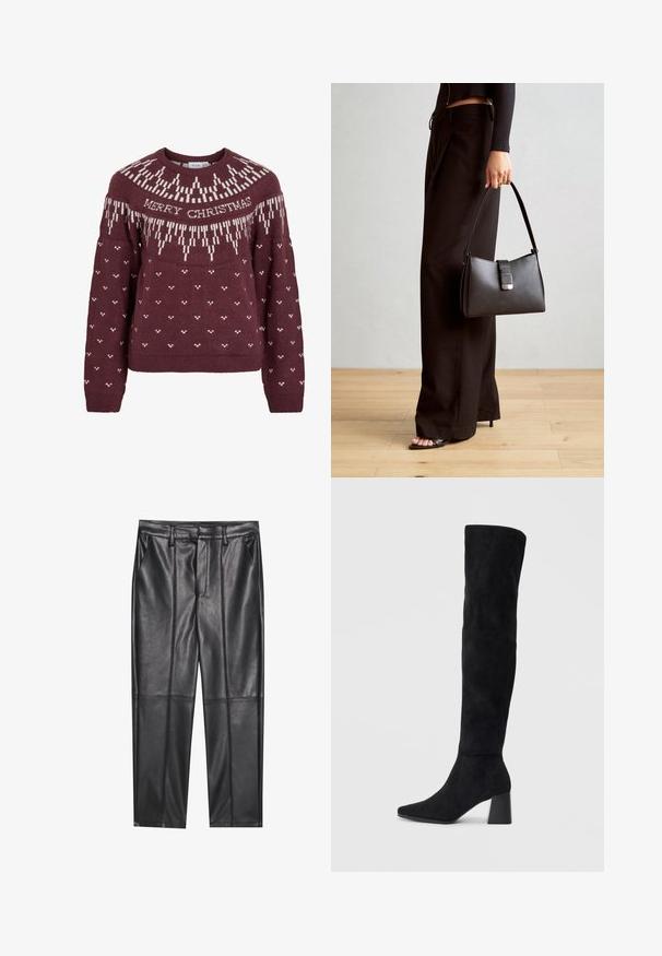 Vīna sarkana džemperis ar apaļu kakla izgriezumu, uz kura ir balti iespiests teksts "MERRY CHRISTMAS" un adīta sniegpārslu raksts plecu daļā un ķermeņa daļā.; Melni ādas bikses ar gludu tekstūru, taisnas piegriezuma, divi priekšējie kabatas un redzami šuvju izstrādājumi.; Melna zamšāda līdz ceļiem, ar blokveida papēdi, norādītu purngalu un gludu, bezšuvju dizainu uz vienkārša gaiša fona.; Melnā somiņa ar strukturētu formu, gludu tekstūru un metālu sprādzi. Saskaņota ar platām melnām biksēm un sandālēm ar atvērtu purngalu uz koka grīdas.
