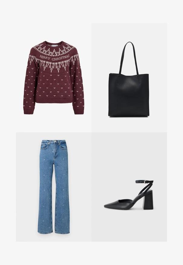 Burgundy sweater with a round neckline featuring white "MERRY CHRISTMAS" text and a knitted snowflake pattern on the yoke and body.; Blue high-waist straight-leg jeans with small white floral embroidery scattered across the fabric.; Black leather pointy-toe pump with an ankle strap and a chunky heel. Flat texture, sleek design, and minimalistic aesthetics.; Black leather tote bag with smooth texture, rectangular shape, and two long handles. No visible hardware or embellishments.