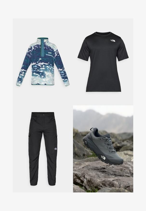 Pullover de fleece de mangas longas com gola alta, botões de pressão, bolso com zipper no peito e padrão abstrato azul e branco.; Camiseta preta de manga curta feita de um tecido leve e que absorve a umidade. Apresenta um logo branco no lado esquerdo do peito e um decote redondo.; The North Face HORIZON PANT - Calças para exterior - black; Sapatilha de corrida em trilhos cinza com um cabedal texturizado, sola de borracha durável e ponteira reforçada. Apresenta atacadores e o logótipo da marca de lado.