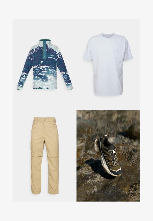 Dlhý rukáv fleecový pulover s vysokým golierom, zacvakávacími gombíkmi, zipsovým vreckom na hrudi a modro-bielym abstraktným vzorom.; Biely bavlnený tričko s krátkymi rukávmi, okrúhlym výstrihom a náprsné vrecko na ľavej strane so modrým logom "Patagonia". Klasický strih s hladkou textúrou.; Béžové nohavice s odnímateľnými nohavicami, s hladkým povrchom, obsahujúce dve bočné vrecká, zapínanie na gombík a manžety na zväčšenie na všestrannosť.; Turistická obuv v olivovo zelenej a čiernej farbe s ružovými akcentmi. Má textúrovaný zvršok, flexibilnú podrážku, vystuženú špičku a farebný systém šnurovania.