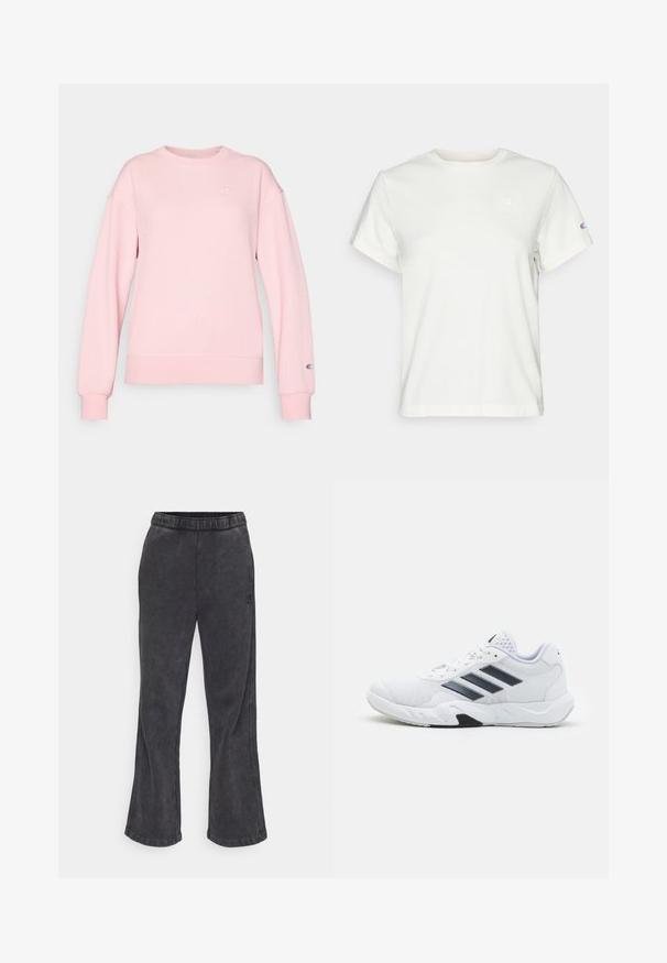 Sweat-shirt rose côtelé à manches longues, avec un col rond et un emblème de logo sur la poitrine et le poignet. Texture douce, ajusté à la taille.; T-shirt blanc à manches courtes en coton avec un col ras du cou et un petit logo sur le haut de la poitrine gauche. Texture douce et coupe standard.; Pantalons de survêtement évasés en tissu gris foncé avec une texture douce. Comprend une taille élastique et un logo brodé sur le côté.; Baskets blanches avec une tige en maille, trois rayures noires sur le côté, des accents texturés et une semelle en caoutchouc robuste avec une section noire contrastante.