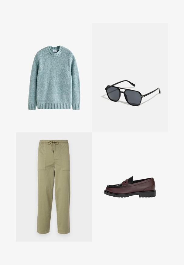 Svetlo teal pleteno jopico s okroglim ovratnikom, rebrastimi manšetami in robom. Narejen iz teksturirane preje, ima udoben dizajn, primeren za sproščeno nošenje.; Hlače svetlo olivno zelene barve, izdelane iz bombažne mešanice, z elastičnim pasom in vrvico ter dvema velikima stranskima žepoma.; Bordeaux usnjeni loafer s črnim usnjenim zgornjim delom, podrobnim šivanjem in teksturirano gumijasto podplato. Klasičen dizajn z nizko peto.; Črne sončne naočniki z oktagonalnim okvirjem, temnimi lečami, sijočo površino, tankimi nogicami in zlatimi detajli spredaj.