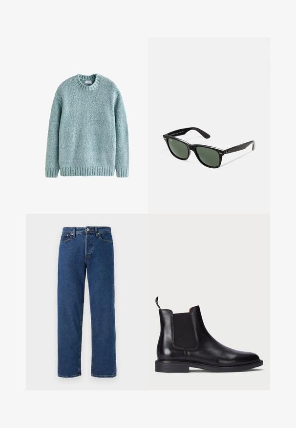 Fényes teal színű kötött pulóver kerek nyakkivágással, bordázott mandzsettákkal és aljjal. Texturált fonalból készült, kényelmes kialakítással, amely alkalmas mindennapi viseletre.; Kék farmernadrág, egyenes fazonnal, öt zsebbel, fémből készült gombos záródással és látható varrásokkal az oldalsó varratokon.; Fekete bőr Chelsea csizma, elasztikus oldalsó panelek, textúrázott felület, kerek orr és alacsony, rétegelt sarok. Könnyű felhúzást segítő húzópánttal rendelkezik.; Fekete műanyag napszemüveg zöld lencsékkel, négyzet alakú kerettel, ezüst díszítéssel a keret felső részén, valamint texturált szárakkal. A márka neve a belső száron található.