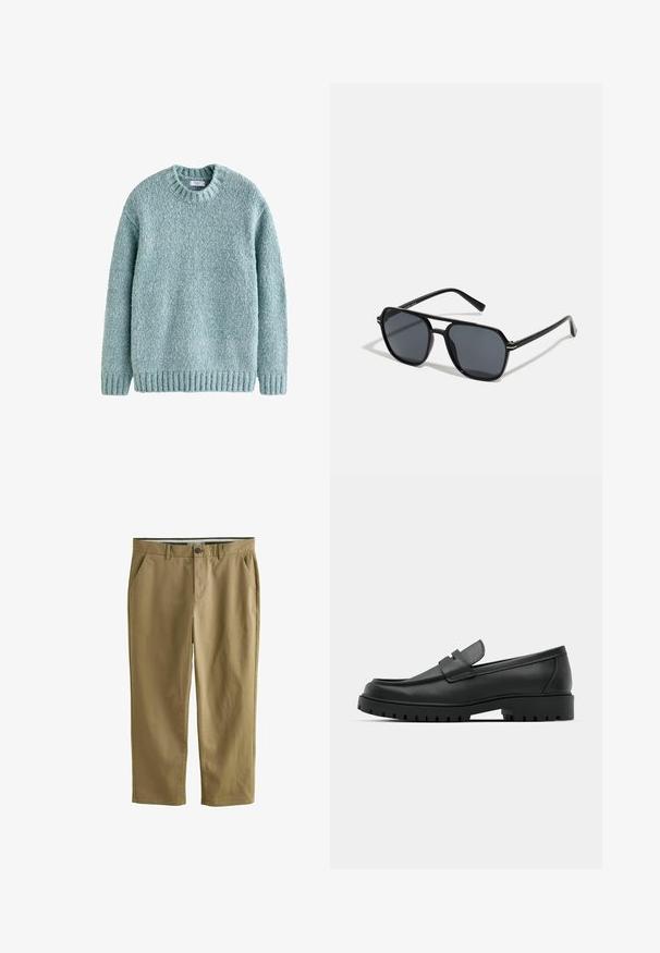 Helles türkisfarbenes Strickpullover mit Rundhalsausschnitt, gerippten Bündchen und Saum. Aus strukturiertem Garn gefertigt, bietet er ein gemütliches Design, das sich ideal für die Freizeit eignet.; Khakifarbene Chinos aus Baumwollmischung, mit zwei Seitentaschen, einem Knopfverschluss, geradem Bein und glatter Textur.; Schwarze Lederloafer mit runder Zehenform, ausgestattet mit einem gesteppten Design, niedrigem Plattformsohle und einer strukturierten, genoppten Gummisohle.; Schwarze Sonnenbrille mit achteckigem Rahmen, dunklen Gläsern, glänzender Oberfläche, dünnen Bügeln und goldenen Akzenten auf der Vorderseite.