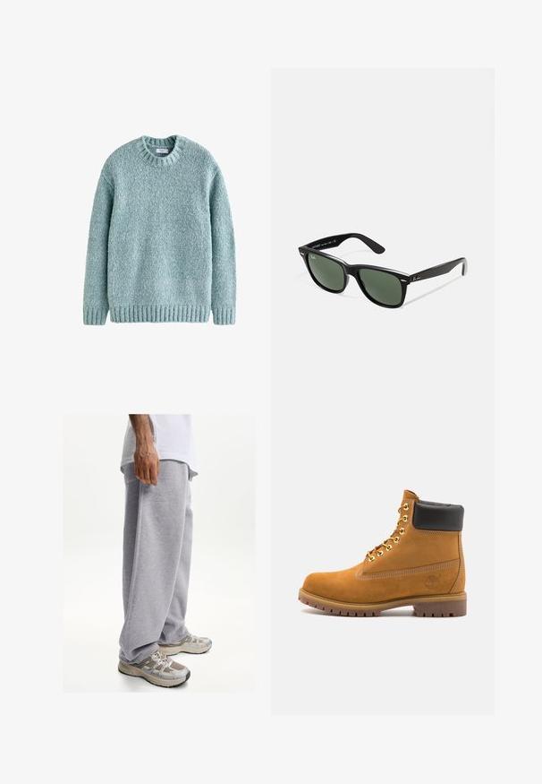 Helles türkisfarbenes Strickpullover mit Rundhalsausschnitt, gerippten Bündchen und Saum. Aus strukturiertem Garn gefertigt, bietet er ein gemütliches Design, das sich ideal für die Freizeit eignet.; Graue Jogginghosen aus weichem Stoff, mit lockerer Passform und elastischem Bund. Kombiniert mit beigefarbenen und grauen Sport-Schuhen.; Beige Wildleder-Ankle-Boot mit schwarzem gepolstertem Kragen, goldenen Metallösen, weißen Nähdetalben und einer robusten Gummisohle mit ausgeprägtem Profil.; Schwarze Plastiksonnenbrille mit grünen Gläsern, quadratischen Rahmen, silbernem Akzent auf der Augenbraue und strukturierten Bügeln. Angegebene Marke auf dem inneren Bügel.