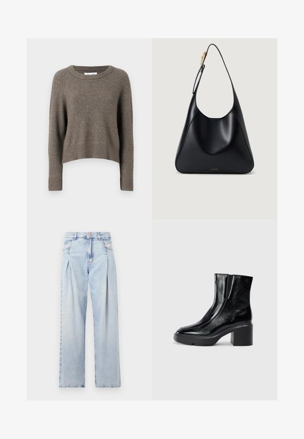 Dark brown cropped sweater made of soft material, featuring a crew neckline, long sleeves, and ribbed cuffs and hem.; Light blue denim jeans with a high waist, wide-leg cut, two side pockets, and pleated design feature. Soft texture with a faded finish.; Black patent leather ankle boots with a curved toe, elastic side panels, and a chunky block heel. Features embossed logo on the back.; Black leather shoulder bag with a smooth texture, curved silhouette, and a gold hardware accent. Features embossed brand logo at the base.