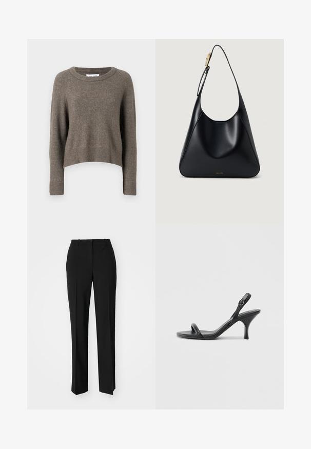 Dark brown cropped sweater made of soft material, featuring a crew neckline, long sleeves, and ribbed cuffs and hem.; Black tailored trousers with a straight-leg design, featuring a smooth texture and crisp creases along the front. No visible hardware.; Black leather high-heeled sandals with a slim, curved heel and a crossed strap design. Adjustable ankle strap. Smooth texture.; Black leather shoulder bag with a smooth texture, curved silhouette, and a gold hardware accent. Features embossed brand logo at the base.
