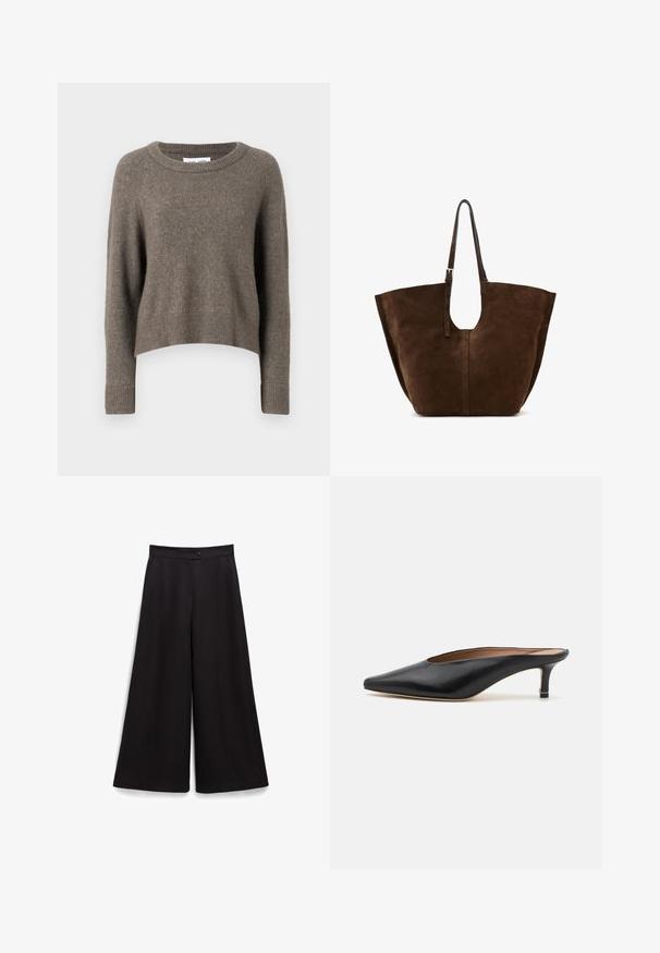 Pull court marron foncé en matériau doux, avec un col rond, des manches longues et des bords côtelés.; Pantalons larges noirs avec une texture lisse, une fermeture à bouton à la taille et une coupe décontractée. Pas de motifs ni d'accents visibles.; Mules en cuir noir avec un bout pointu et un petit talon carré. Texture lisse avec un design épuré. Dos ouvert avec un minimum de détails.; Sac fourre-tout en suede marron avec un corps large, une ouverture sur le dessus et un design simple, doté de longues sangles en cuir et d'un détail de poignée découpé.