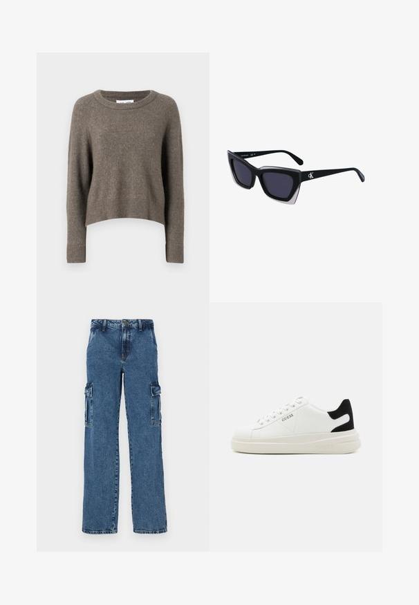 Donkerbruin cropped sweater gemaakt van zacht materiaal, met een ronde hals, lange mouwen en geribbelde manchetten en zoom.; Blauwe denim cargo broek met een ontspannen pasvorm, voorzien van twee zijzakken, versterkte stiksels en een recht gesneden ontwerp.; Witte leren sneakers met een dikke witte zool, zwarte suède hielaccent en een geperst logo op de zijkant. Vetersluiting met zes oogjes.; Zwarte oversized zonnebril met een geometrische vorm, voorzien van donkere glazen en een contrasterend grijs detail op het montuur. Logo op de arm.