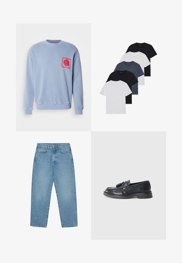 Gaiši zils džemperis ar garām piedurknēm, apaļo kakla izgriezumu un ribotu aproču. Tam ir sarkans izšuvums krūšu kabatas rajonā.; Piecu T-kreklu komplekts melnā, baltā un tumši zilā krāsā. kokvilnas audums, īsas piedurknes, apļveida kakla dizains un vienkārša faktūra bez rakstiem.; Gaiši zili denim auduma platgala bikses ar augstu jostasvietu, ar piecām kabatām, jostu cilpām un mīkstu, nedaudz nodilušu tekstūru.; Melnas ādas loafers ar noapaļotu pirkstu, siksnu ar pompiņām un masīvu zoli ar protektora rakstu. Gluda tekstūra un klasiskā dizaina.