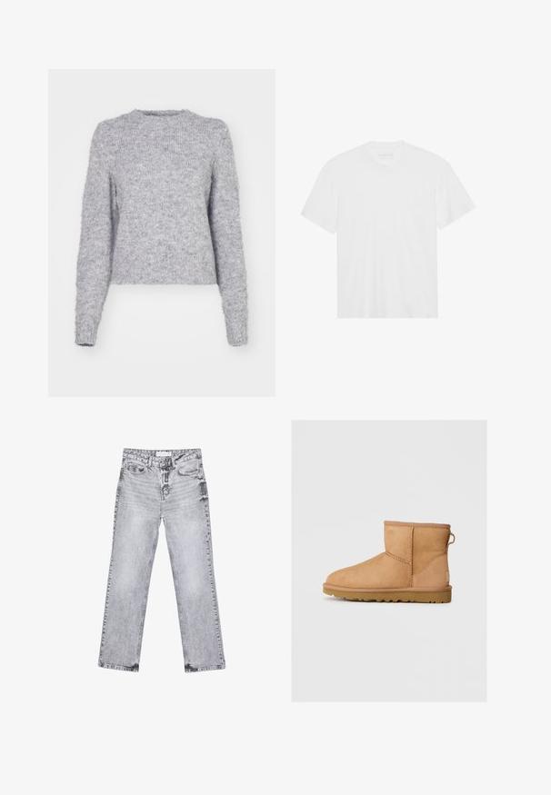 Harmaa neulepaita, jossa on pyöreä kaula-aukko, pitkät hihat ja pehmeä, pörröinen pinta. Ominaisuudet sisältävät lyhennetyn helman ja hieman löysän istuvuuden.; Valkoinen puuvillainen t-paita lyhyillä hihoilla, pyöreällä kaula-aukolla ja suoralla helmalla. Tasainen pinta, minimalistiinen muotoilu ilman kuvioita tai korostuksia.; Harmaat farkut suoran lahkeen leikkauksella, kulutettu yksityiskohtia, viisi taskua ja kuparinappi. Vyötärönauha sisältää logotagin.; Ruskean mokkasandaalit pyöreällä kärjellä, ommelluilla yksityiskohdilla, takana vetotappi ja teksturoidulla kumipohjalla. Suunniteltu mukavuutta ja lämpöä varten.