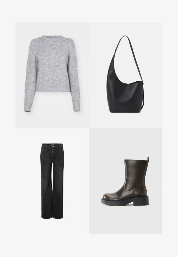 Šedý pletený svetr s kulatým výstřihem, dlouhými rukávy a měkkou, huňatou texturou. Má zkrácený lem a mírně volný střih.; Široké černé džíny z denimu s klasickým pěti-kapesním designem, předním zapínáním na knoflík a jemnými detaily šití.; Tmavě hnědá kožená bota do poloviny lýtek s kulatou špičkou, silnou černou podrážkou, nízkým blokovým podpatkem a poutkem na zadní straně.; Černá kožená hobo taška s hladkým povrchem, zakřiveným tvarem a jedním nastavitelným popruhem; má široké otevírání nahoře.