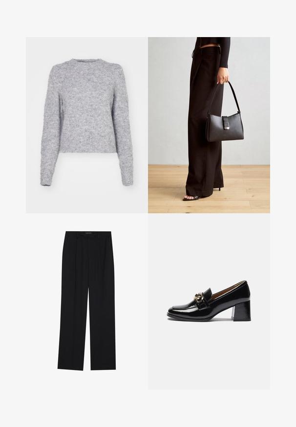 Grå strikkegenser med rund hals, lange ermer og en myk, fluffy tekstur. Har en cropped fald med en litt løs passform.; Sorte bukser med rette ben, som har to frontlommer og en talje. Laget av et glatt, lett stoff.; Svarte lakkloafers med hæl som har rund tå, kraftigere hæl og en gulldetalj på frontreimen.; Svart håndveske med strukturert form, jevn tekstur og metallisk lås. Kombinert med brede svarte bukser og sandaler med åpen tå på tregulv.