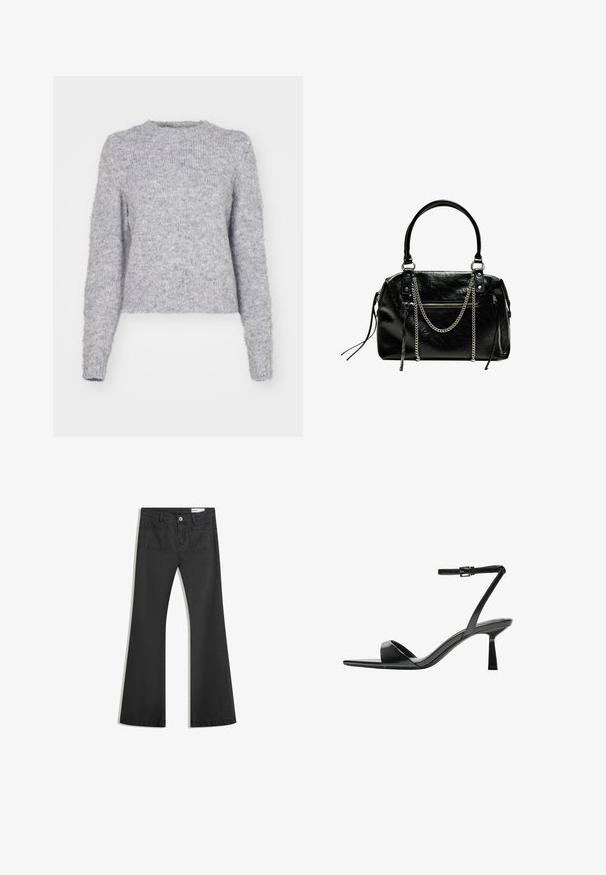 Szürke kötött pulóver kerek nyakkal, hosszú ujjakkal és puha, bolyhos textúrával. Rövidített szegéllyel és enyhén laza szabással rendelkezik.; Fekete, sima textúrájú farmer flare nadrág, két hátsó zsebbel és gombos derékkal.; Bershka Magas sarkú szandálok - black; Bershka WITH CHAIN - Kézitáska - black