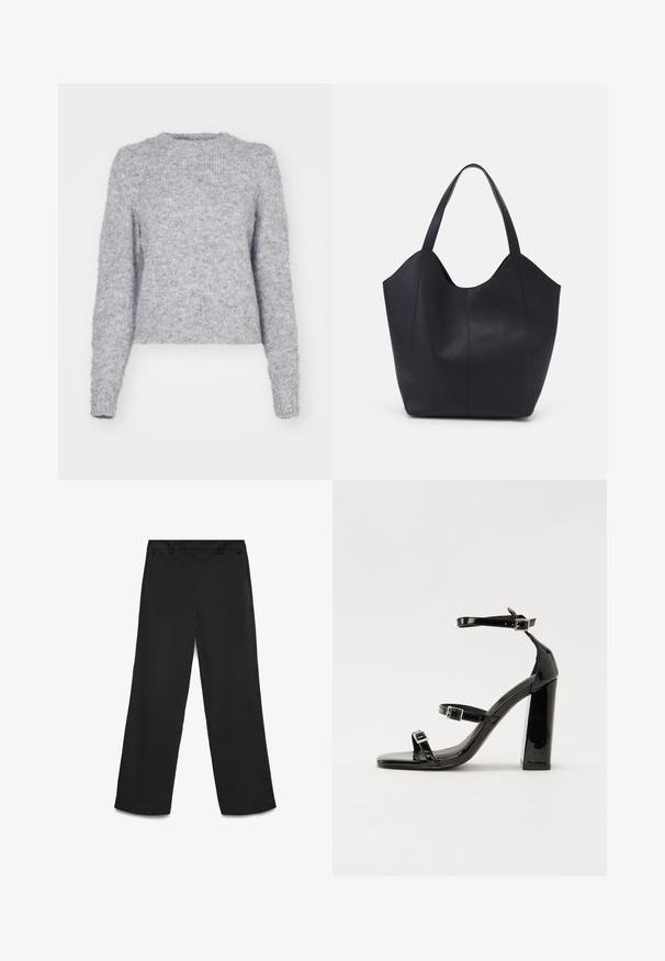 Grijze gebreide trui met een ronde hals, lange mouwen en een zachte, fuzzy textuur. Heeft een verkorte zoom met een iets losse pasvorm.; Zwarte wijde broek gemaakt van soepele stof. Kenmerkt zich door een platte tailleband, dubbele zijzakken en schone randen bij de zoom.; Zwarte gepatenteerde sandalen met hak en een vierkante neus, enkelbandjes en zilveren gespen. Heeft een stevige blokhak voor stabiliteit.; Zwarte tote tas van glad leer, met een gebogen, open bovenkant en twee schouderbanden, en een minimalistisch ontwerp.
