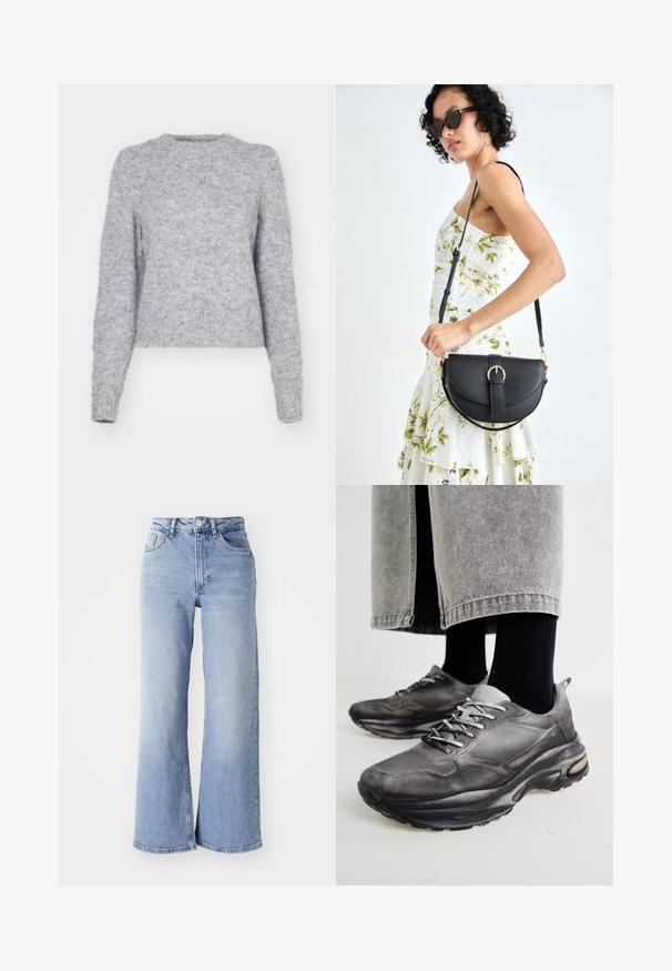 Grå strikkegenser med rund hals, lange ermer og en myk, fluffy tekstur. Har en cropped fald med en litt løs passform.; Lyseblå høyt liv vide jeans med front- og baklommer, knappelukking og subtile falminger på lårene og kanten.; Sorte og grå treningssko har en mesh-overdel, tykke såler og snøring. De har en rund tå og synlige dempe detaljer.; Svart lærveske med en buet form, avtagbar stropp og gullbeslag. Vesken har et klaff med spenne-detall.