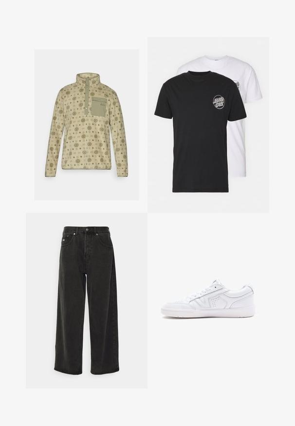 Világos bézs fleece pulóver zöld geometrikus mintákkal, félig cipzáras gallérral és mellzsebbel. Puha tapintású, laza illeszkedéssel.; Két póló csomag: az egyik fekete, a másik fehér. Mindkettő rövid ujjú, és egy kör alakú logó található rajta a mellkason, kontrasztos színben. Pamut anyag.; Obey Clothing BIGWIG BAGGY - Túlméretezett farmernadrág - black; Fehér bőr sportcipő, alacsony tervezéssel, kerek orral, perforált részletekkel és texturált talppal. Fűzős és diszkrét varrásokkal kiegészítve.