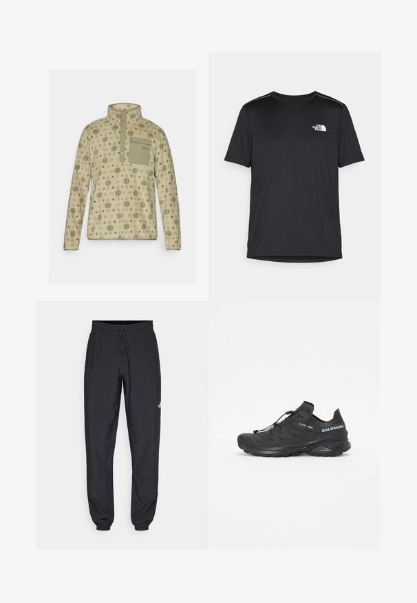 Pullover in pile di colore beige chiaro con motivi geometrici verdi, colletto con zip a metà e taschino sul petto. Tessuto morbido con vestibilità rilassata.; T-shirt nero a maniche corte realizzata in tessuto leggero. Presenta un piccolo logo bianco sul lato sinistro del petto e delicati dettagli sulle spalle.; Pantaloni sportivi neri realizzati in tessuto leggero, con vita regolabile con cordino, tasche laterali e orli affusolati alle caviglie.; Scarpa da trail running nera con tomaia strutturata, lacci elastici e suola Contagrip. Offre una vestibilità aderente e una protezione per le dita.