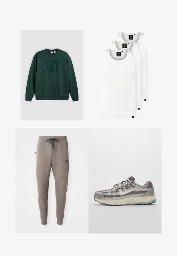Sötétzöld, pamut alapanyagú pulóver, a frontján középen nagy, emelt betűs "LEVI'S" logóval, bordázott mandzsettákkal és aljjal.; Három fehér csíkos pamut trikó. Felső része kerek nyakkivágású, és a szegély közelében kis fekete címkék találhatók. Több méretben elérhető.; Szürke Nike melegítőnadrág húzózsinórral a deréknál, keskeny lábakkal, oldalsó zsebekkel és jellegzetes varrás részletekkel. Puha, texturált anyag.; Szürke sportcipő, hálós és velúr felsőrésszel, fehér részletekkel, párnázott talppal és jellegzetes dizájnnal, amely visszaverő elemeket tartalmaz.