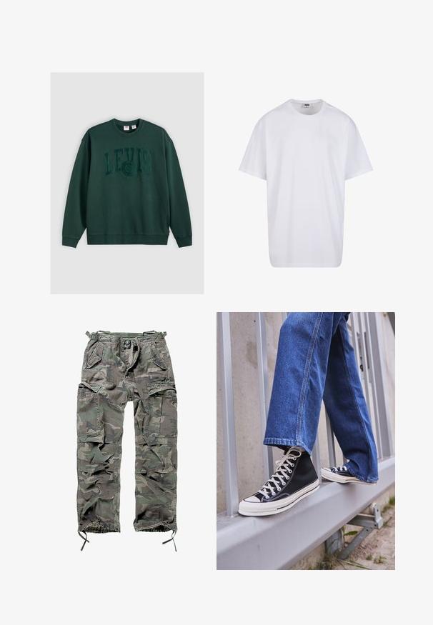 Temno zelena sweatshirt iz bombaža, ki ima na sprednji strani velik embosiran logotip "LEVI'S", z rebrastimi manšetami in robom.; Bela bombažna majica s kratkimi rokavi, okroglim izrezom, sproščenim krojem in brez vidnih logotipov ali vzorcev. Gladka tekstura in minimalen dizajn.; Kamo cargo hlače v zeleni in sivi barvi, s številnimi żepi, elastičnim pasom, nastavljivimi zvončkami na gležnjih in sproščenim krojem.; Črne visoke teniske z belim podplatom in vezalkami, v kombinaciji z ohlapnimi modrimi džinsom, naslonjene na sivo ograjo.