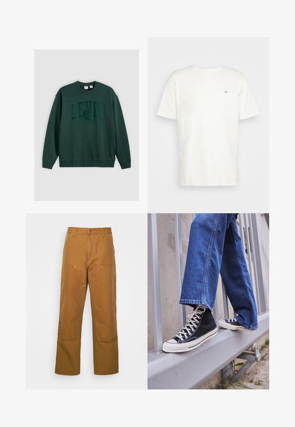Tumedat rohelised puuvillased dressid, millel on suurem 3D-tekstiiliga "LEVI'S" logo keskel ees, ribiga mansetid ja alus.; Valge puuvillane T-särk ümmarguse kaelusega, lühikeste varrukatega ja väikese musta "W.W." logoga vasakul rinnal. Sile tekstuur, regulaarne lõige.; Pruunid puuvillased utiliidipüksid sirge lõikega, millel on ees taskud ja metallist detailid täiendava vastupidavuse tagamiseks.; Mustad mustade kõrgete tossudega, millel on valge tallaga ja valged paelad, koos vaba sinise denimidega, mis puhkavad hallil piiridel.