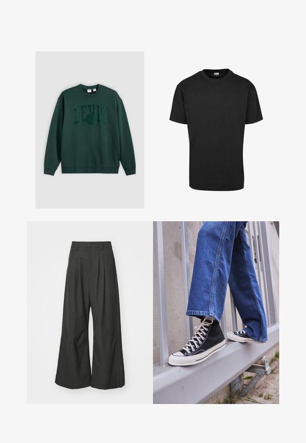 Ciemnozielona bluza z bawełny, z dużym wytłoczonym logo "LEVI'S" umieszczonym na środku przodu, z ściągaczami na mankietach i dole.; Czarna bawełniana koszulka z okrągłym dekoltem, krótkimi rękawami i prostym dołem. Gładka faktura; prosty, nieozdobiony design.; Jaded London GOLIATH UNISEX szary; Czarne sneakersy za kostkę z białą podeszwą i sznurówkami, w połączeniu z luźnymi niebieskimi dżinsami, opierające się na szarym balustradzie.