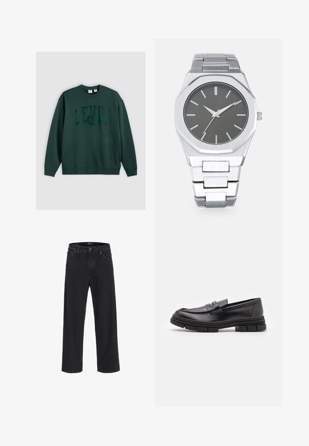 Tmavo zelená mikina vyrobená z bavlny, s veľkým vyrazeným logom "LEVI'S" v strede prednej časti, s rebrovanými manžetami a spodným lemom.; Čierne oblečené džíny s rovnou nohavicou, so zapínaním na gombík a zips, pútkami na opasok a prednými a zadnými vreckami.; Čierne kožené poltopánky s hladkým povrchom, s predným remienkom a robustnou gumovou podrážkou s drážkovanými akcentmi.; Strieborné analógové hodinky s osemuholníkovým puzdrom, sivým ciferníkom, striebornými hodinovými indexmi a nerezovým oceľovým remienkom. Minimalistický dizajn s hladkou textúrou.
