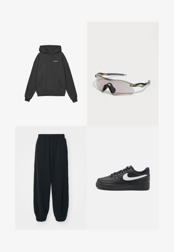 Pegador DEVON OVERSIZED HOODIE - Huppari - washed volcano grey; Mustat, elastisella vyötäröllä varustetut collegehousut, joissa on löysä istuvuus, cuffattu lahje, sileä pinta ja ilman näkyviä kuvioita tai varusteita.; Mustat Nike Air Force 1 -kengät, joissa on sileä nahkapinta, valkoinen logo, rei'itetty varvasosa ja teksturoitu kumipohja.; Aurinkolasit, joissa on läpinäkyvä harmaa kehys, sävyrikkaita linssejä ja kulmikas muotoilu. Ominaisuuksiin kuuluu erityinen nenäosa ja teksturoitu tummanharmaa temppeleiden varsi.