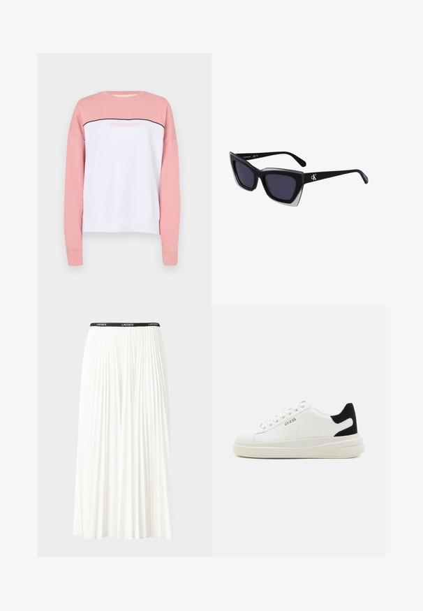 Sweatshirt rose et blanc à col rond avec des manches longues, présentant un détail de couture noir et le logo "GUESS JEANS" au centre. Texture douce.; Jupe plissée blanche avec une taille élastique noire portant le logo "LACOSTE". Design mi-long avec une texture douce.; Baskets en cuir blanc avec une épaisse semelle blanche, un accent en daim noir au niveau du talon et un logo embossé sur le côté. Design à lacets avec six œillets.; Lunettes de soleil noires surdimensionnées avec une forme géométrique, dotées de verres foncés et d'un détail gris contrastant sur la monture. Logo sur la branche.
