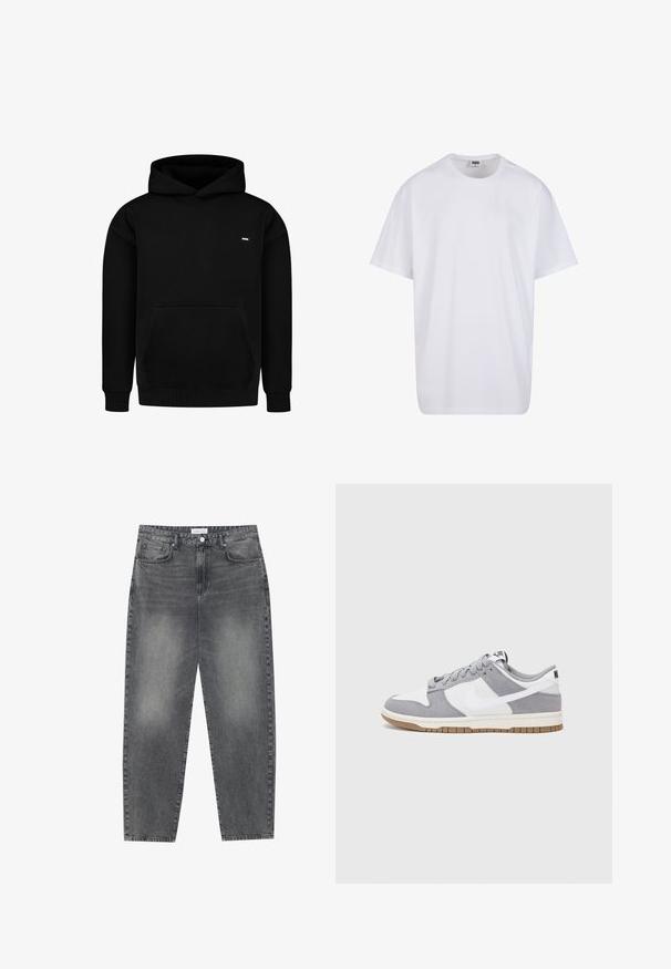 Schwarzer Hoodie aus einem Baumwollmischgewebe. Verfügt über eine vordere Kängurutasche, gerippte Bündchen und Saum sowie ein kleines Logo auf der Brust. Einfaches Design.; Weiße Baumwoll-T-Shirt mit kurzen Ärmeln, rundem Ausschnitt, lockerer Passform und ohne sichtbare Logos oder Muster. Glatte Textur und minimalistisches Design.; Hoch taillierte, locker sitzende Jeans aus verwaschenem schwarzem Denim. Verfügt über fünf Taschen, Gürtelschlaufen und ein sauberes, gerades Bein-Design.; Graue und weiße Sneaker mit einem Obermaterial aus Wildleder und Leder, abgerundeter Spitze, flachen Schnürsenkeln und einer Gummisohle mit einem Kautschukakzent.