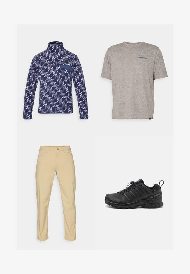 Patagonia SNAP-T - Fleecetrøjer - new navy; Grå kortærmet t-shirt lavet af blødt, struktureret stof med et lille blåt Patagonia-logo på venstre bryst. Ingen yderligere mønstre.; Patagonia QUANDARY PANTS - Outdoorbukser - classic tan; Sort atletik sko med en struktureret syntetisk overdel, polstret sål og et hurtiglukkesystem. Har forstærket tå og hæl.