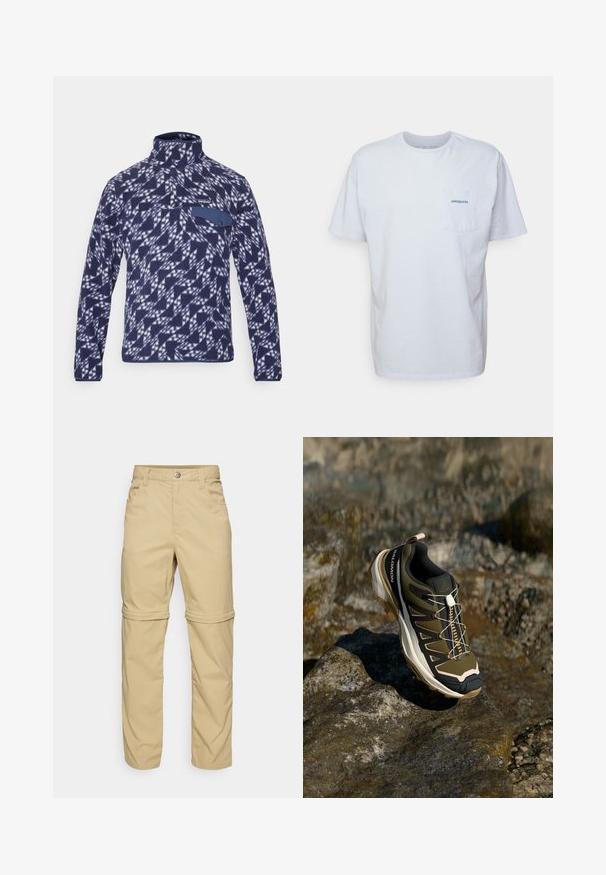 Patagonia SNAP-T - Fleecová mikina - new navy; Bílá bavlněná tričko s krátkými rukávy, kulatým výstřihem a kapsou na levé straně hrudi, která má modré logo "Patagonia". Klasický střih s hladkou strukturou.; Béžové kalhoty se zipem, hladkého povrchu, s dvěma bočními kapsami, knoflíkovým zapínáním a ohrnovacími manžetami pro všestranné použití.; Trekové boty v olivově zelené a černé barvě s růžovými detaily. Mají texturovaný svršek, flexibilní podrážku, vyztuženou špičku a barevný systém šněrování.