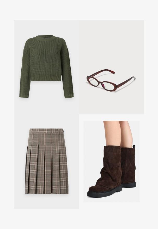 Grüner gestrickter Pullover mit Rundhalsausschnitt, verkürztem Schnitt und strukturiertem Muster. Lange Ärmel mit gerippten Manschetten und Saum.; Grau karierten Rock mit Falten, der eine Mischung aus dunklen und hellen Tönen sowie feinen Linien in Pink zeigt. Aus strukturiertem Stoff mit einem Bund gefertigt.; Braune Wildleder-Stiefel bis zur Wade mit schwarzen Gummisohlen, die an nackten Beinen getragen werden und leichte Faltenbildung an den Schafthaltern aufweisen.; Ovale rote Sonnenbrillen mit klaren Gläsern und schlanken braunen Fassungen. Das Design weist sanfte Kurven und minimalen Hardwareeinsatz auf.