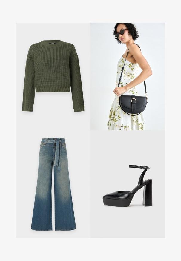 Roheline kootud särk ümmarguse kaelusega, lühikese mudeliga ja tekstuurse mustriga. Pikad varrukad ribidega mansettide ja äärisega.; Laiad denimpüksid, millel on hele tume sinine gradiendiefekt, kõrge vöökoht, vöökumlid ja sobivast kangast vöö. Struktureeritud denimi viimistlus.; Mustad platvormi kontsad terava ninaga ja reguleeritava pahkluuraamiga. Valmistatud siledast nahast, funktsioneerib massiivse plokknäheeliga.; Mustmust mustraha kõverate joontega, eemaldatava rihmaga ja kuldsete detailidega. Kotil on klapp, millel on pandladetail.