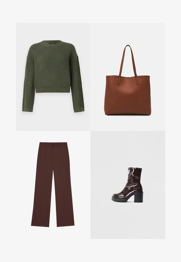 Groene gebreide trui met een ronde hals, cropped pasvorm en een gestructureerd patroon. Lange mouwen met ribgebreide manchetten en onderrand.; Wijde broekspijp in een rijke bruine stof. Voorzien van een knoopsluiting, twee voorzakken, een soepele textuur en strakke lijnen.; Glanzende bordeauxrode enkelboot met een chunky zwarte hak, met een gladde textuur en een eenvoudig ontwerp. Geen zichtbare sluitingen of patronen.; Bruine leren tote bag met een gladde textuur, een ontwerp met een open bovenkant en twee schouderbanden. Kenmerkt zich door minimale stiksels en geen zichtbare hardware.