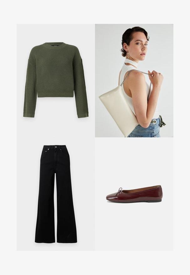 Green knitted sweater with a crew neck, cropped fit, and textured pattern. Long sleeves with ribbed cuffs and hem.; Black wide-leg jeans made from denim, featuring a high waist, five pockets, front button closure, and minimal stitching details.; Burgundy patent leather ballet flat with a rounded toe, small bow accent at the front, and a low, black rubber sole. Smooth texture.; White rectangular clutch bag made of glossy material, featuring a silver chain strap. Model poses, showcasing the bag against a plain background.