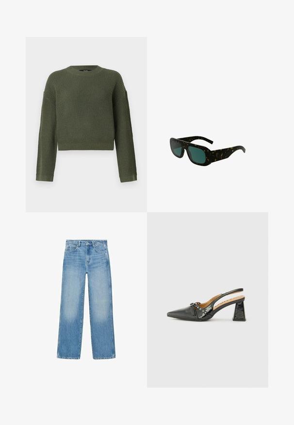 Zelený pletený sveter s okrúhlym výstrihom, skráteným strihom a textúrovaným vzorom. Dlhé rukávy s rebrovanými manžetami a lemovaním.; Svetlomodré denimové džínsy so strihaním na rovno, dizajnom s piatimi vreckami a jemným vyblednutím. Majú gombík a zips na uzatváranie v páse.; Čierna lakovaná slingback obuv s ostrou špicou, trojuholníkovým podpätkom a dekoračným remienkom so striebornými akcentmi. Hladký povrch.; Rámové slnečné okuliare v korytnačkovom vzore s tmavozelenými šošovkami, širokými obdĺžnikovými rámami a zakrivenými stranami, so hladkým plastovým povrchom.; Tkaná textilná taška olivovej farby s priestranným, zaobleným tvarom a jedným predĺženým uchom na nosenie. Štruktúrovaný povrch.