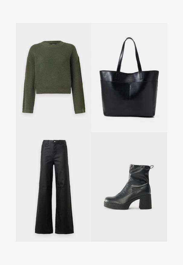 Maglione verde lavorato a maglia con colletto rotondo, vestibilità cropped e motivo testurizzato. Maniche lunghe con polsini e orlo a costine.; Jeans neri a gamba larga realizzati in denim liscio, con chiusura a bottoni, tasche anteriori e design a vita alta.; Stivali neri alla caviglia in pelle liscia, con zip laterale, tacco spesso e texture, e punta arrotondata.; Borsa a tracolla in pelle nera con due manici lunghi, una texture liscia e una forma strutturata. Presenta una tasca frontale per ulteriore spazio di archiviazione.