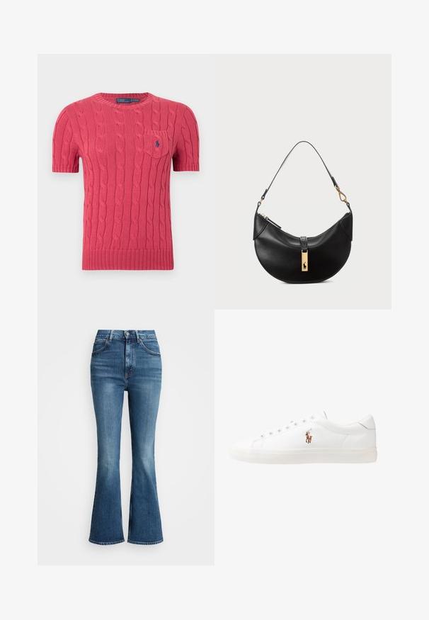 Korálový krátký svetr z pleteniny s kabelovým vzorem, kulatým výstřihem, žebrovaným límcem a lemem, s malou kapsou na hrudi a logem.; Džínové kalhoty s vysokým pasem, rozšířené ve spodní části, v středně modré barvě, s klasickým pětikapsovým designem a kontrastním prošíváním. Okraje jsou nedokončené.; Bílé kožené tenisky, nízký střih, s hladkým povrchem, kulatou špičkou, šněrováním v přední části a malým vyšitým logem na boku.; Černá kožená kabelka ve tvaru půlměsíce. Obsahuje zlaté kovové detaily a úzký popruh. Hladký povrch, zapínání na zip na vrchu.
